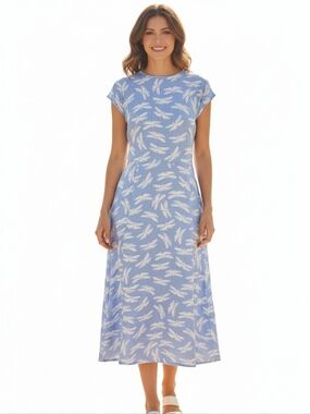 Loft Midi Dress Size 8 Blue Dragonflies Cap Sleeve 12 Inch Slit Back Zip Viscose